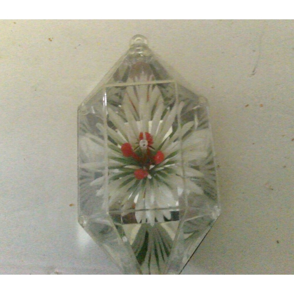 Jewel Brite Plastic Clear Diorama White Poinsettia Christmas Ornament 1960's